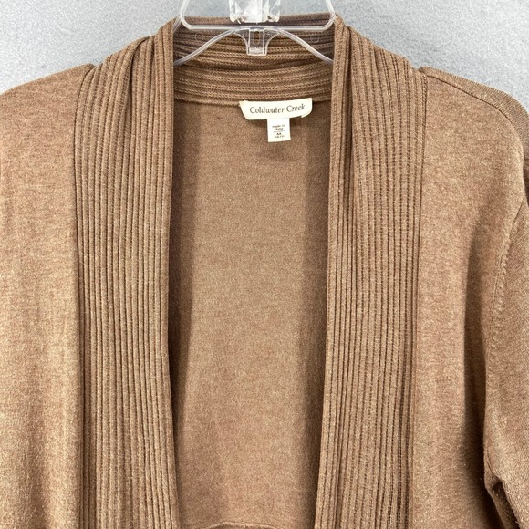Coldwater Creek Cardigan Sz M Tan Open‎ Front Waterfall Sweater Ribbed Collar - Picture 2 of 13